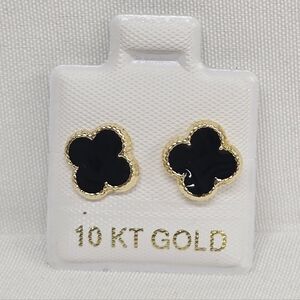 Oro 10k Arete Esmaltado Earrings 4 Leaf Black Inspired (9mm)